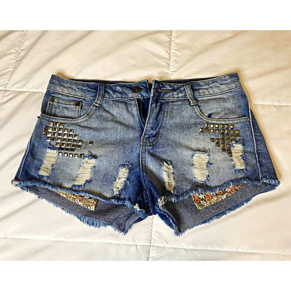 Sans Souci Blue Denim Cut Off Shorts Distressed Studded Sequin Pockets size S